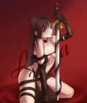  1girl absurdres asuka_rrh bangs black_choker black_gloves breasts brown_eyes brown_hair choker closed_mouth collarbone elbow_gloves eyebrows_visible_through_hair fate/grand_order fate_(series) gloves hair_between_eyes highres holding holding_sword holding_weapon kneeling long_hair medium_breasts red_background revealing_clothes solo straight_hair sword very_long_hair weapon yu_mei-ren_(fate) 