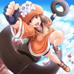  1girl :d anchor arm_up backpack bag bangs bike_shorts blue_sky brown_eyes brown_hair cabbie_hat clenched_hand clouds cloudy_sky fingerless_gloves fist_pump full_body gloves guilty_gear guilty_gear_strive hat highres jacket kitayama_miuki may_(guilty_gear) open_mouth orange_footwear orange_headwear orange_jacket pirate_hat shorts skull_and_crossbones sky smile solo upper_teeth 