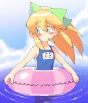  1girl blonde_hair blush_stickers bow clouds eyebrows_visible_through_hair food green_bow highres in_water inkerton-kun long_hair looking_to_the_side mega_man_(series) ponytail popsicle popsicle_stick roll_(mega_man) school_swimsuit solo swimsuit water 