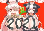  2021 2girls absurdres animal_ears bell black_hair body_writing bottle breasts brown_eyes chinese_zodiac cleavage_cutout clothing_cutout cow_ears cow_girl cow_tail cup eyebrows_visible_through_hair gloves grin hair_over_one_eye highres holstein_friesian_cattle_(kemono_friends) huge_breasts kemono_friends long_hair miji_doujing_daile milk milk_bottle multicolored_hair multiple_girls new_year open_mouth ox_ears ox_girl ox_horns platinum_blonde_hair pointing pointing_up red_background short_hair sidelocks smile tail tail_bell tail_ornament two-tone_hair v very_long_hair white_hair yak_(kemono_friends) year_of_the_ox 