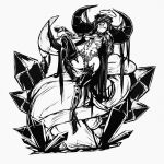  1girl absurdres armor breasts bridal_gauntlets coin covered_navel crystal cup dark_halo greaves greyscale hair_between_eyes halo hat high_heels highres holding holding_coin holding_cup horns housou-chan jewelry liquid long_hair monochrome monocle navel original ring simple_background sitting sketch solo very_long_hair white_background 