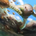  arm_up blurry claws clouds commentary_request day gen_1_pokemon hitmonlee kicking kikuyoshi_(tracco) outdoors pokemon pokemon_(creature) rock sky solo standing standing_on_one_leg 