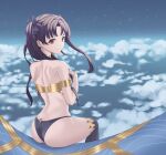  absurdres ass bangs bikini black_hair clouds earrings fate/grand_order fate_(series) floating from_behind gold_trim highres hoop_earrings ishtar_(fate) ishtar_(fate)_(all) jewelry long_hair looking_at_viewer looking_back mismatched_bikini neck_ring red_eyes rita_(arumhh) sitting sky star_(sky) starry_sky swimsuit thigh-highs twintails two_side_up 