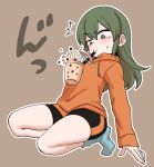  1girl bike_shorts black_shorts blush bubble_tea bubble_tea_challenge commentary eyebrows_visible_through_hair failure flat_chest green_eyes green_hair hair_down highres hood hoodie igarashi_futaba_(shiromanta) medium_hair meme orange_hoodie senpai_ga_uzai_kouhai_no_hanashi shiromanta shorts socks solo spilling squatting surprised tearing_up thighs 