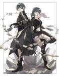  1boy 1girl bandaged_arm bandages black_footwear black_gloves boots breasts byleth_(fire_emblem) byleth_eisner_(female) byleth_eisner_(male) fire_emblem fire_emblem:_three_houses full_body gloves green_eyes green_hair highres holding holding_sword holding_weapon looking_at_viewer medium_breasts medium_hair nanao_parakeet navel sword weapon whip_sword 