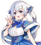  +_+ 1girl :d blue_bow blue_capelet blue_eyes blue_ribbon blue_skirt blush_stickers bow breasts capelet center_frills commentary_request cosmo_ruru frills fur-trimmed_capelet fur_trim hair_ribbon hand_up high-waist_skirt highres indie_virtual_youtuber long_hair looking_at_viewer medium_breasts meito_(maze) middle_w open_mouth pleated_skirt ribbon shirt silver_hair simple_background skirt smile solo twintails very_long_hair virtual_youtuber w white_background white_shirt 