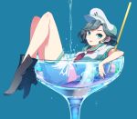  1girl air_bubble anchor_symbol aqua_background black_footwear black_hair boots breasts bubble cup dated drinking_glass eyebrows_visible_through_hair full_body green_eyes green_sailor_collar hat highres hishaku in_container in_cup knees_up looking_at_viewer lying medium_breasts midriff_peek minigirl murasa_minamitsu neckerchief noumin_joemanyodw on_back orb parted_lips red_neckwear sailor sailor_collar sailor_hat shirt short_hair short_sleeves shorts signature simple_background smile solo touhou water white_shirt white_shorts 