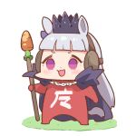  1girl :3 :d bangs blunt_bangs blush bodysuit cape carrot_on_stick chibi crown gold_ship_(umamusume) grey_hair holding long_hair open_mouth purple_cape red_bodysuit simple_background smile solo standing takato_kurosuke translation_request umamusume very_long_hair violet_eyes white_background 