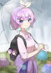  1girl backpack bag bangs black_bag blue_skirt blunt_bangs blush bow bowtie closed_mouth clothes_around_waist collared_shirt commentary_request cowboy_shot eyebrows_visible_through_hair gukurosawa01 hair_bow headband holding holding_umbrella looking_at_viewer medium_hair nijisanji nijisanji_kr nun_bora pink_bow pink_hair pink_shirt pleated_skirt shirt sidelocks skirt smile solo tareme umbrella violet_eyes white_headband 