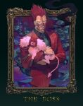  1boy animal dorohedoro en_(dorohedoro) holding holding_animal kikurage_(dorohedoro) long_sleeves looking_at_viewer mask mushroom necktie red_suit redhead smoke spiky_hair standing zoo_(oukakumaku) 