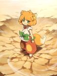  1girl 3me_da animal_ears fox_ears fox_tail full_body green_eyes looking_at_viewer orange_hair pants puffy_pants red_pants ruoshui_(the_legend_of_luoxiaohei) shirt short_hair short_sleeves smile solo standing tail the_legend_of_luo_xiaohei white_shirt 