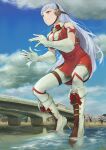  1girl absurdres animal_ears bangs boots breasts cosplay dress giant giantess gold_ship_(umamusume) high_heel_boots high_heels highres horse_ears horse_girl large_breasts long_hair pantyhose red_dress silver_hair smile solo tokusatsu tomato_salad_(picfile) ultra_series ultraman ultraman_(1st_series) ultraman_(cosplay) umamusume very_long_hair violet_eyes white_footwear 