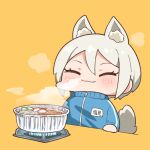  1girl :3 animal_ears blue_jacket blush chibi closed_eyes closed_mouth cooking food fox_ears fox_tail idolmaster idolmaster_cinderella_girls jacket kemonomimi_mode long_sleeves name_tag pot shiomi_syuko simple_background smile solo tail takato_kurosuke upper_body yellow_background 