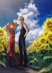  1boy 1girl :d absurdres askgcom black_footwear black_pants black_vest blue_eyes blue_sky boots brown_hair china_dress chinese_clothes clouds couple day dress eye_contact flower full_body gintama hand_in_pocket hat highres huge_filesize kagura_(gintama) knee_boots long_dress looking_at_another okita_sougo open_mouth orange_hair outdoors pants red_dress shirt short_hair side_slit sky sleeveless sleeveless_dress sleeves_rolled_up smile standing sun_hat sunflower vest white_shirt yellow_flower 