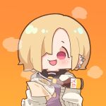  1girl :d blonde_hair blush cardigan ear_piercing earrings food hair_over_one_eye holding holding_food idolmaster idolmaster_cinderella_girls jewelry long_sleeves medium_hair one_eye_covered open_mouth orange_background piercing pink_eyes shirasaka_koume simple_background sleeves_past_fingers sleeves_past_wrists smile solo takato_kurosuke translation_request white_cardigan 