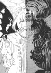  1boy bug butterfly butterfly_wings cape dated evil_smile fate/grand_order fate_(series) greyscale grin highres insect insect_on_finger insect_wings looking_at_viewer male_focus monochrome oberon_(fate) one_eye_closed riffle_hunter smile solo split_theme spoilers tree upper_body wings 