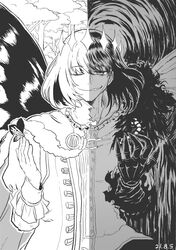  1boy bug butterfly butterfly_wings cape dated evil_smile fate/grand_order fate_(series) greyscale grin highres insect insect_on_finger insect_wings looking_at_viewer male_focus monochrome oberon_(fate) one_eye_closed riffle_hunter smile solo split_theme spoilers tree upper_body wings 