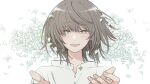  1boy bangs blue_menouu blush bright_pupils brown_eyes commentary_request copyright_request eyebrows_visible_through_hair flower grey_hair hands_up highres looking_at_viewer medium_hair open_mouth petals plant shirt smile solo white_background white_flower white_pupils white_shirt 