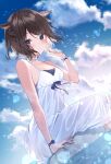  1girl arm_support blue_eyes blush braid brown_hair character_request copyright_request dress dutch_angle earrings elbow_gloves gloves harui_(hr_x9_) highres jewelry lace lace_gloves lens_flare outdoors short_hair sitting solo water white_dress white_gloves 