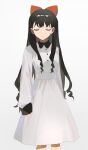  1girl bangs black_collar black_hair bow buttons closed_eyes collar commentary_request dress feet_out_of_frame guu_(guu8) hair_bow highres long_dress long_hair long_sleeves original parted_lips red_bow shiny shiny_hair simple_background solo white_background white_dress 