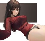  1girl black_hair black_panties breasts closed_mouth green_eyes highres large_breasts long_hair long_sleeves looking_at_viewer mole mole_under_mouth no_pants original panties reclining red_sweater ribbed_sweater sidelocks solo sweater thighs underwear xi_xeong 