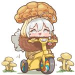  1girl :3 :d ahoge blush costume grey_eyes grey_hair hoshi_syoko idolmaster idolmaster_cinderella_girls long_hair mushroom mushroom_costume open_mouth simple_background smile solo takato_kurosuke tricycle white_background wide_face 