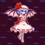  1girl bangs bat_background bat_wings closed_mouth collared_shirt eyebrows_visible_through_hair full_body hat hat_ribbon holding_own_arm mob_cap pink_footwear pink_headwear pink_legwear pink_shirt pink_skirt pixel_art purple_hair red_eyes red_ribbon remilia_scarlet ribbon shirt short_hair short_sleeves skirt smile solo touhou tsukimiya_toito v-shaped_eyebrows wings 