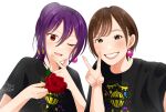  2girls bang_dream! black_shirt brown_eyes brown_hair earrings elu_pom eyelashes flower hair_between_eyes highres jewelry long_hair matching_outfit multiple_girls purple_hair real_life red_eyes red_flower red_rose rose selfie seta_kaoru shirt signature t-shirt tadokoro_azusa v voice_actor voice_actor_connection white_background 