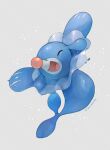  :d closed_eyes commentary_request creature full_body gen_7_pokemon grey_background kikuyoshi_(tracco) no_humans open_mouth pokemon pokemon_(creature) popplio shiny signature smile tongue water_drop wet 