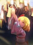  1girl absurdres blonde_hair gomeifuku highres japanese_clothes kimono obi open_mouth rumia sash short_hair solo tanabata touhou yukata 