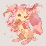  alternate_color blush brown_eyes commentary_request flower framed gen_4_pokemon grey_background highres kikuyoshi_(tracco) leafeon looking_at_viewer no_humans paws petals pink_flower pokemon pokemon_(creature) toes 
