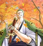  1boy drawing_sword earrings from_below green_hair grin haori holding holding_sword holding_weapon japanese_clothes jewelry katana kimono kokorozashi long_sideburns looking_at_viewer male_cleavage male_focus muscular muscular_male official_alternate_costume one_piece pectorals roronoa_zoro scar scar_on_chest short_hair sideburns single_earring smile solo sword upper_body weapon white_kimono 
