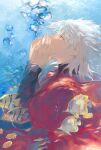  1boy air_bubble amakusa_shirou_(fate) bubble cape crystal_earrings earrings fate/apocrypha fate/grand_order fate_(series) fish highres jewelry long_hair male_focus ocean open_mouth orange_eyes red_cape solo spiky_hair submerged surume_(su1193) upper_body water white_hair 