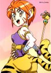  1girl animal_ears ass breasts breath_of_fire breath_of_fire_ii bustier cat_ears cat_tail facial_mark furry furry_female gloves green_eyes highres hikari_(mitsu_honey) looking_at_viewer medium_breasts no_pants open_mouth orange_hair pointy_ears rinpoo_chuan short_hair smile solo staff tail 
