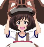  1girl :d akiyama_yukari animal_costume arms_up bangs blush_stickers brown_eyes brown_hair commentary dog_costume girls_und_panzer holding_head kayabakoro looking_at_viewer messy_hair open_mouth shirt short_hair short_sleeves simple_background smile solo t-shirt textless white_background 