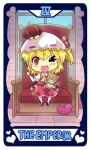  1girl ascot chibi claws colonel_aki crown eyebrows_visible_through_hair fang flandre_scarlet hat hat_ribbon heart holding holding_stick looking_at_viewer mini_crown mob_cap one_eye_closed open_mouth red_eyes ribbon sharp_teeth shoes short_hair short_sleeves side_ponytail skirt smile socks stick stuffed_animal stuffed_toy tarot tarot_arcana teddy_bear teeth throne touhou window 