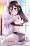  1girl black_hair blush brown_eyes highres kurume_sml lingerie medium_hair morag_ladair_(xenoblade) pillow pillow_grab solo underwear xenoblade_chronicles_(series) xenoblade_chronicles_2 