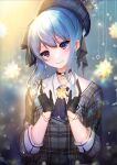  1girl ascot bangs beret black_choker black_gloves blue_hair blue_neckwear buttons chitose_mame choker collared_shirt crown crying crying_with_eyes_open double-breasted earrings gloves grey_headwear grey_jacket hair_between_eyes hair_ribbon happy_tears hat highres hololive hoshimachi_suisei jacket jewelry long_hair long_sleeves looking_at_viewer medium_hair partially_fingerless_gloves pendant plaid plaid_headwear plaid_jacket ribbon shirt side_ponytail sidelocks solo star_(symbol) star_bracelet star_earrings star_in_eye symbol_in_eye tears violet_eyes virtual_youtuber white_shirt 