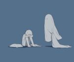  1boy 1other absurdres avogado6 barefoot blue_background blue_theme commentary_request crying ghost highres holding_blanket monochrome original shirt short_sleeves shorts simple_background sitting 
