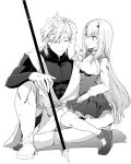  1boy 1girl breasts dress fairy_knight_lancelot_(fate) fate/grand_order fate_(series) greyscale highres long_hair monochrome one_eye_closed percival_(fate) petting polearm sitting sitting_on_person small_breasts spear syatey thigh-highs weapon white_background 