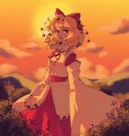  1girl ascot blonde_hair bow circle_cut clouds cloudy_sky dress frilled_dress frills grass hair_bow hair_ornament hair_ribbon highres hill instrument linmiee long_sleeves red_skirt ribbon satsuki_rin shaded_face shirt short_hair skirt sky sunset touhou white_shirt wide_sleeves 