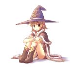  1girl bangs blonde_hair boots brown_cape brown_dress brown_eyes brown_footwear cape closed_mouth commentary_request doridori dress eyebrows_visible_through_hair full_body fur-trimmed_cape fur_trim hair_between_eyes high_wizard_(ragnarok_online) hugging_own_legs looking_at_viewer ragnarok_online short_dress short_hair simple_background sitting smile solo two-tone_dress white_background white_dress 