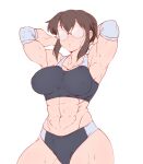  1girl abs armpits breasts collarbone covered_nipples elbow_pads exercise glasses hanzo_(2929) highres large_breasts meat_day muscular muscular_female navel parted_lips short_hair sidelocks simple_background sports_bra sweat thick_thighs thighs toned white_background 
