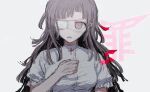  1girl alternate_costume bangs breasts brown_eyes cross dangan_ronpa_(series) dangan_ronpa_2:_goodbye_despair haji_(shame_3800) hand_on_own_chest hand_up large_breasts long_hair looking_at_viewer nurse parted_lips short_sleeves simple_background sketch solo tsumiki_mikan upper_body white_background white_eyepatch 