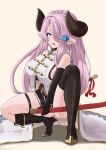  1girl black_gloves blue_eyes breasts draph gloves granblue_fantasy hair_ornament hair_over_one_eye highres horns katana large_breasts looking_at_viewer narmaya_(granblue_fantasy) pink_hair purple_hair simple_background solo squatting sword teriton thighs weapon 