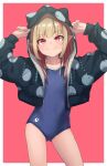  1girl arms_up blue_swimsuit blush border collarbone cowboy_shot cropped_jacket eyebrows_visible_through_hair fang flat_chest grey_hair highres hood hood_up hooded_jacket jacket long_hair long_sleeves looking_at_viewer makaino_ririmu multicolored_hair nijisanji one-piece_swimsuit open_clothes open_jacket pink_hair pointy_ears red_eyes sabamen simple_background skin_fang smile solo streaked_hair swimsuit two-tone_hair virtual_youtuber white_border 