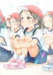  6+girls :o baseball_cap black_hair blue_eyes blue_footwear blue_shorts brown_eyes closed_eyes closed_mouth collarbone commentary_request forehead gomennasai gym_shirt gym_shorts gym_uniform hair_over_shoulder hat highres hugging_own_legs knees_up long_hair looking_away low_twintails multiple_girls original parted_lips pink_footwear red_headwear shirt shoes short_shorts short_sleeves shorts sitting sweat translation_request twintails wavy_mouth white_background white_shirt wide_sleeves 