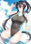  1girl black_hair black_swimsuit blue_sky clouds collarbone competition_swimsuit cowboy_shot dutch_angle eyewear_removed highleg highleg_swimsuit highres jacket kantai_collection long_hair one-piece_swimsuit open_clothes open_jacket ponytail red_eyes scrunchie sidelocks sky soaking_feet solo swimsuit water white_jacket yahagi_(kancolle) z_(knkr1025) 