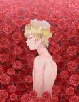  1boy blonde_hair bomhat closed_mouth commentary eugeo floral_background flower from_side highres male_focus nude parted_lips red_flower red_rose rose short_hair solo sword_art_online upper_body 
