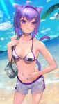  1girl absurdres ahoge animal_ears bag bangs beach bikini bikini_top cat_ears cat_girl cat_tail collar crossed_bangs food hair_between_eyes highres hololive nekomata_okayu onigiri onigiri_print palm_tree purple_hair ruka_tou short_hair shorts smile solo swimsuit tail tree violet_eyes virtual_youtuber 